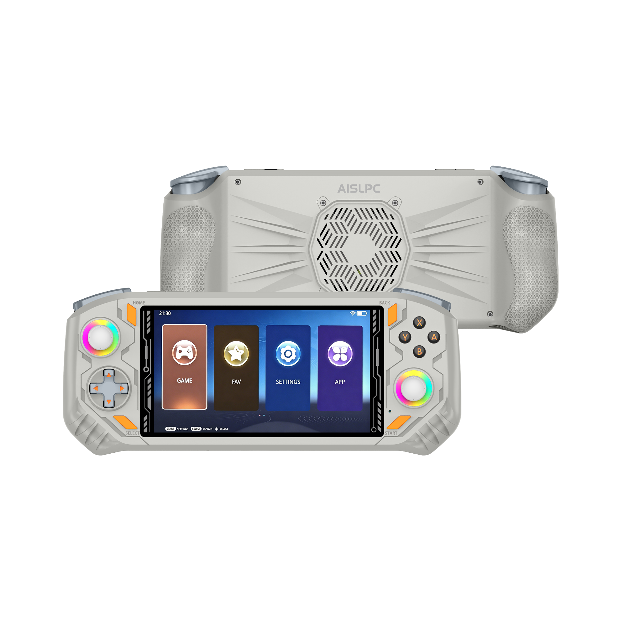 White AISLPC RG52 MINI retro handheld game console shown from the front and back with RGB joysticks, a cooling fan, and ergonomic grips.