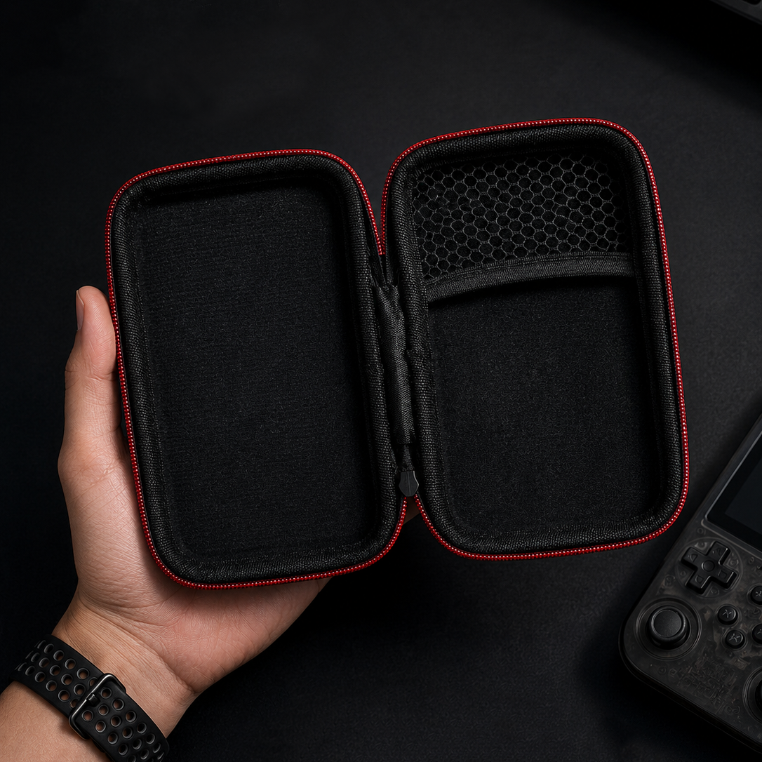 AISLPC GuardShell carrying case open view showing the empty protective interior with a mesh pocket, soft lining, and red zipper trim for handheld console storage.