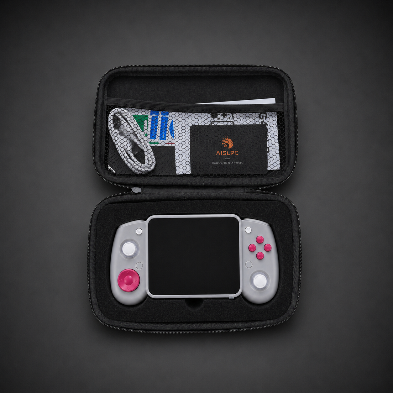 AISLPC RG43H PRO carrying case open view showing the handheld console, accessories, and protective storage compartments.