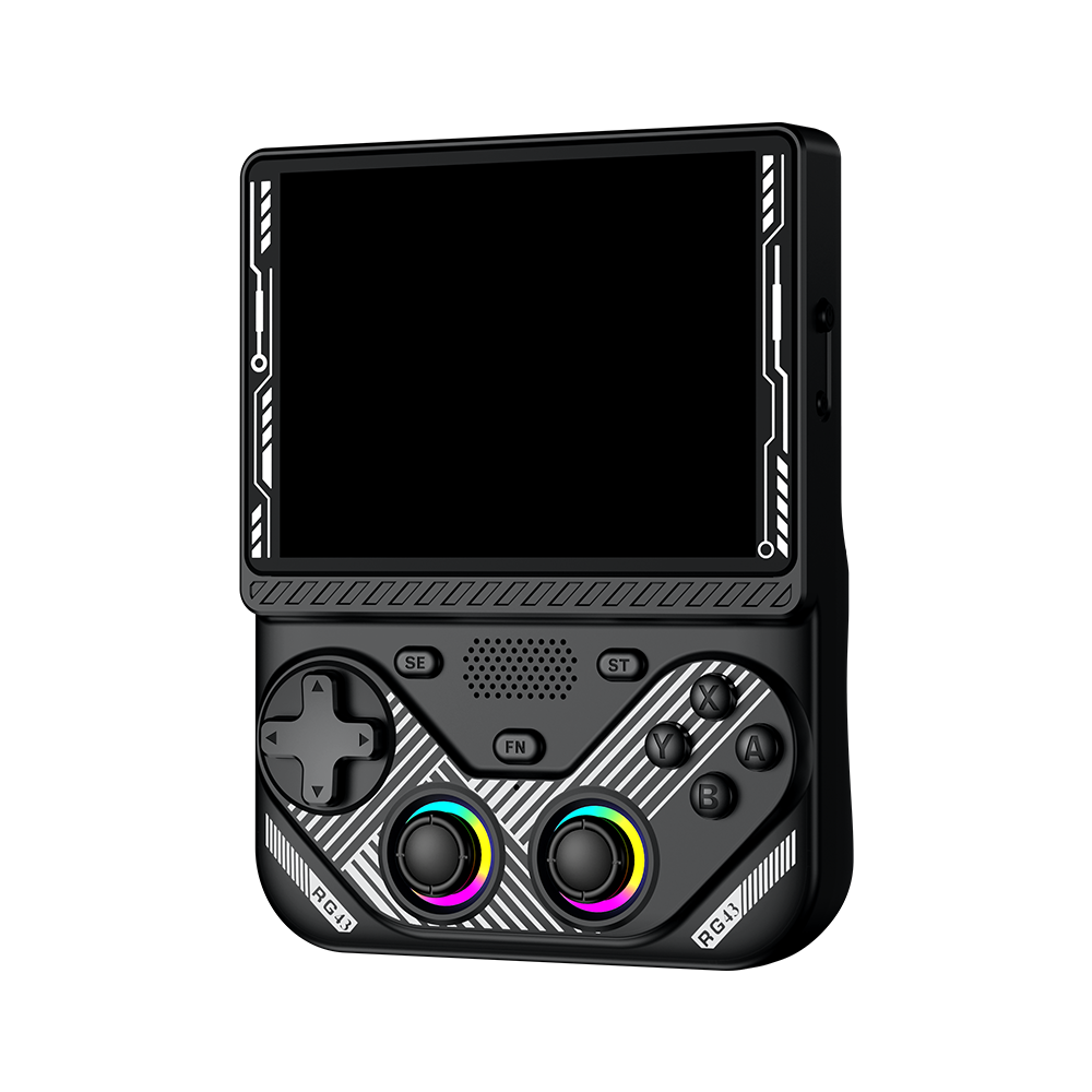 Black AISLPC RG43V PRO retro handheld game console shown from an angled front view with a large display and dual RGB joysticks.