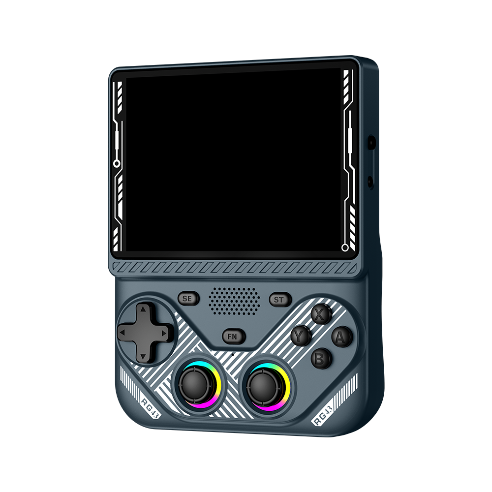 Grey AISLPC RG43V PRO retro handheld game console shown from an angled front view with a large display and dual RGB joysticks.