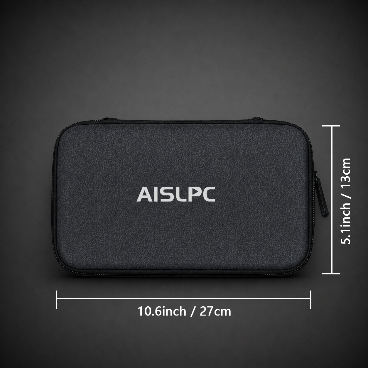 AISLPC RG52 MINI and RG52 PRO MAX carrying case size guide showing dimensions of 27 × 13 cm (10.6 × 5.1 inches) for the portable handheld console storage bag.
