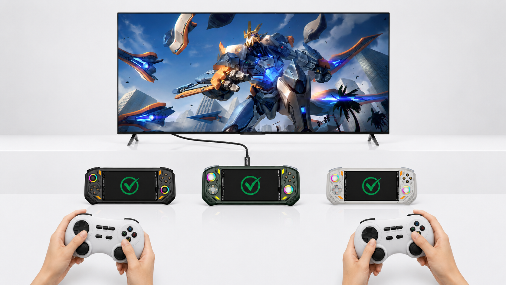 AISLPC RG52 MINI connected to a TV with a data cable, featuring two RGPad02 wireless controllers for two-player gaming.