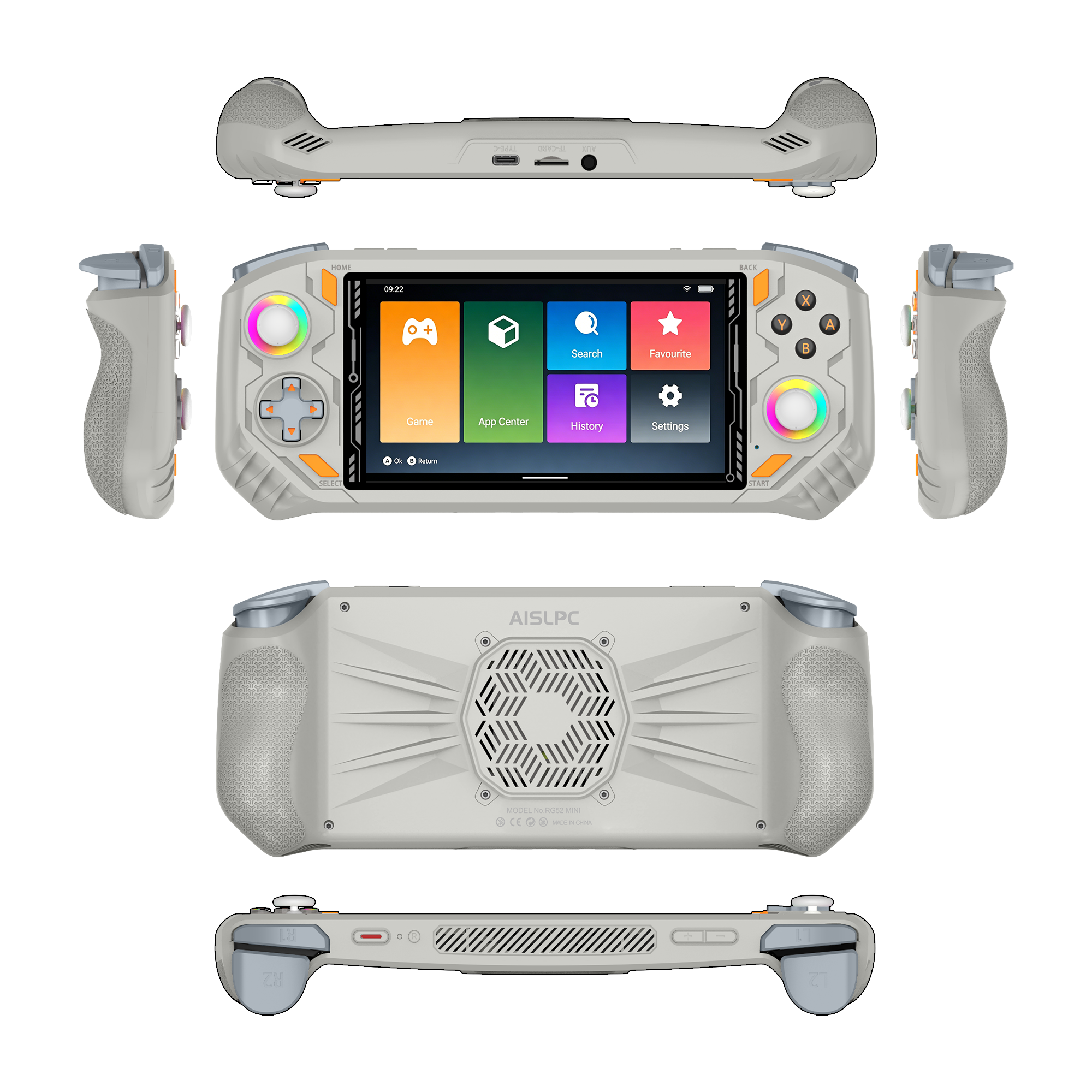 Gray AISLPC RG52 PRO MAX retro gaming handheld console shown from multiple angles, including front, back, side, top, and bottom views, featuring dual RGB joysticks, ergonomic grips, shoulder buttons, and a rear cooling vent.