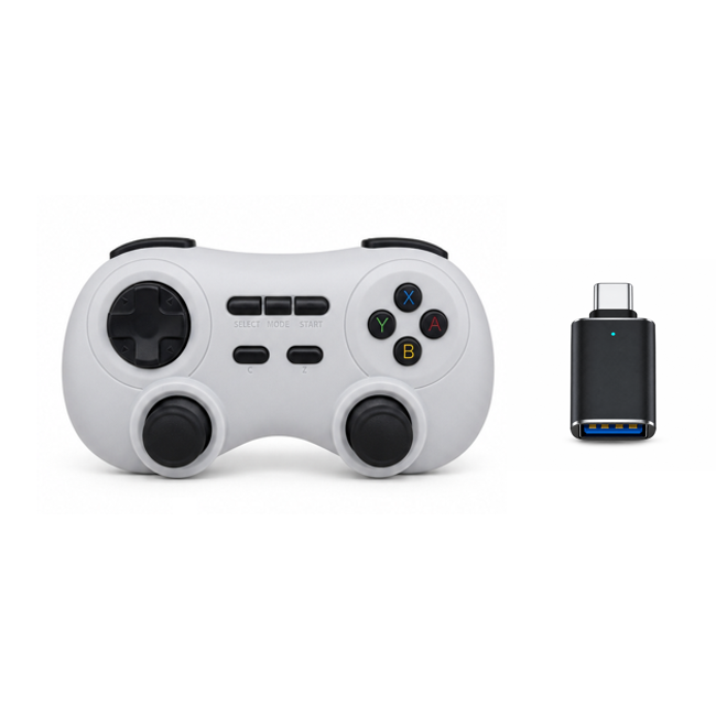 AISLPC RGPad02 white wireless game controller with a compact USB-C receiver for plug-and-play gaming.