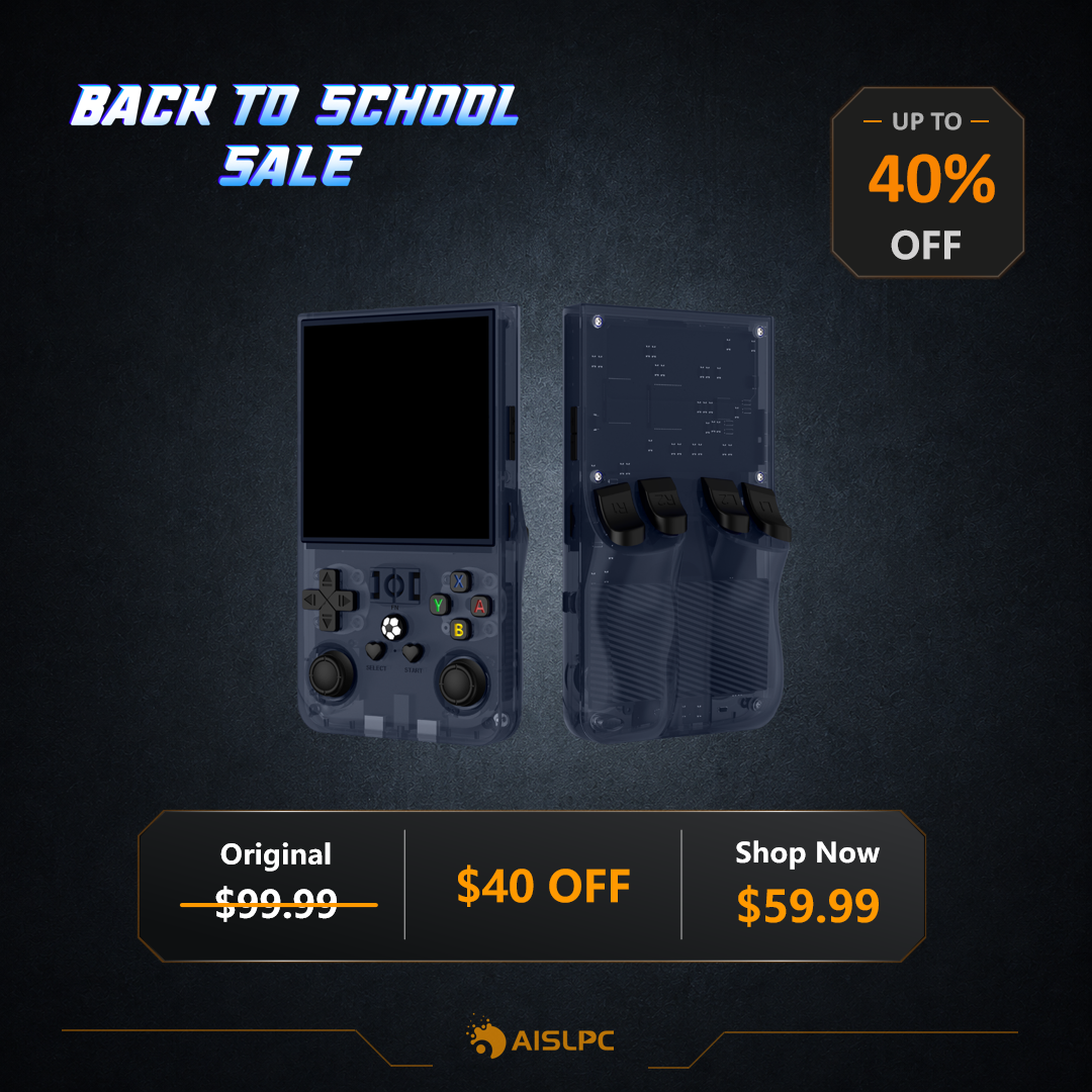 AISLPC Back to School Sale promo poster featuring the black R36 MAX retro handheld game console with up to 40% off and a $59.99 sale price.