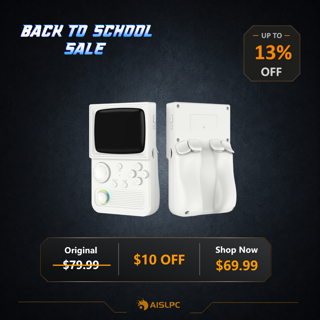 Back to School sale poster featuring the white R36T retro gaming handheld console in front and rear views, with 13% off, a $10 discount, original price $79.99, and sale price $69.99.