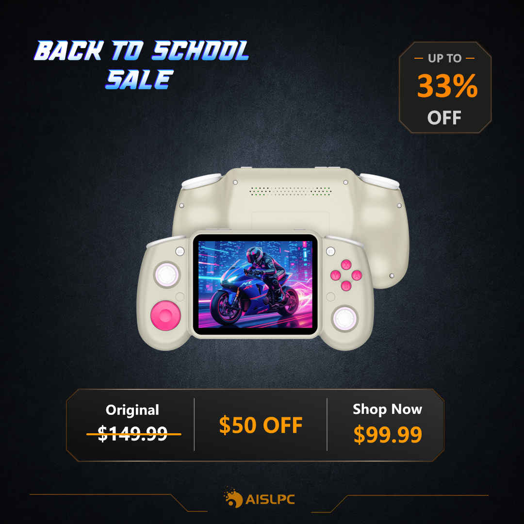 Back to School sale poster featuring the cream and pink RG43H PRO retro gaming handheld console with 33% off, a $50 discount, original price $149.99, and sale price $99.99.