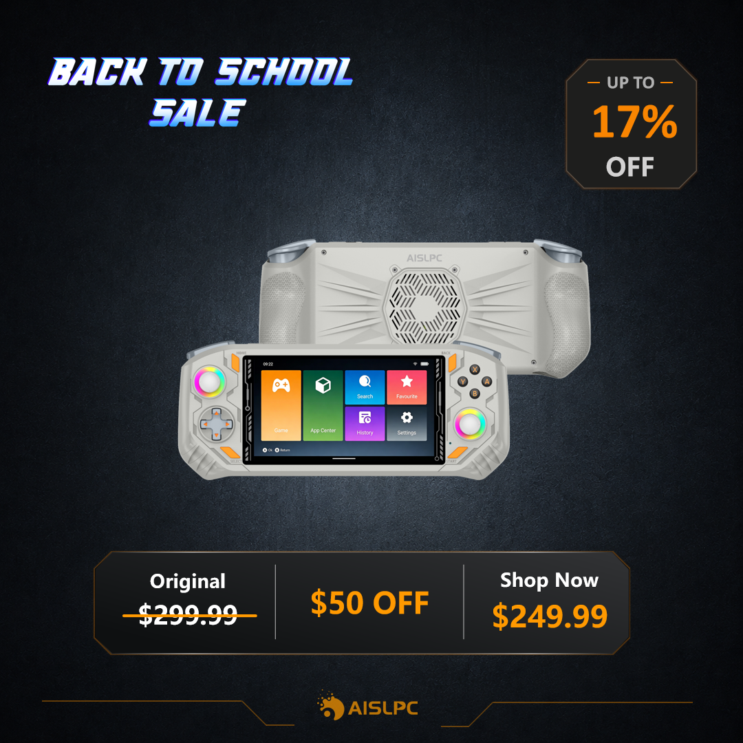 Back to School sale poster featuring the grey RG52 PRO MAX handheld console with 17% off, a $50 discount, original price $299.99, and sale price $249.99.