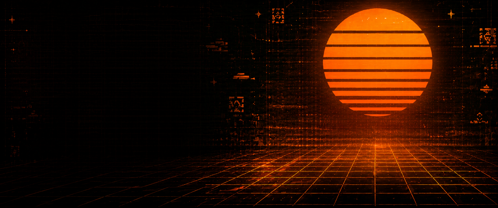 Orange retro futuristic FAQs interface background with a glowing grid floor and striped sunset, designed for a help center or support page.