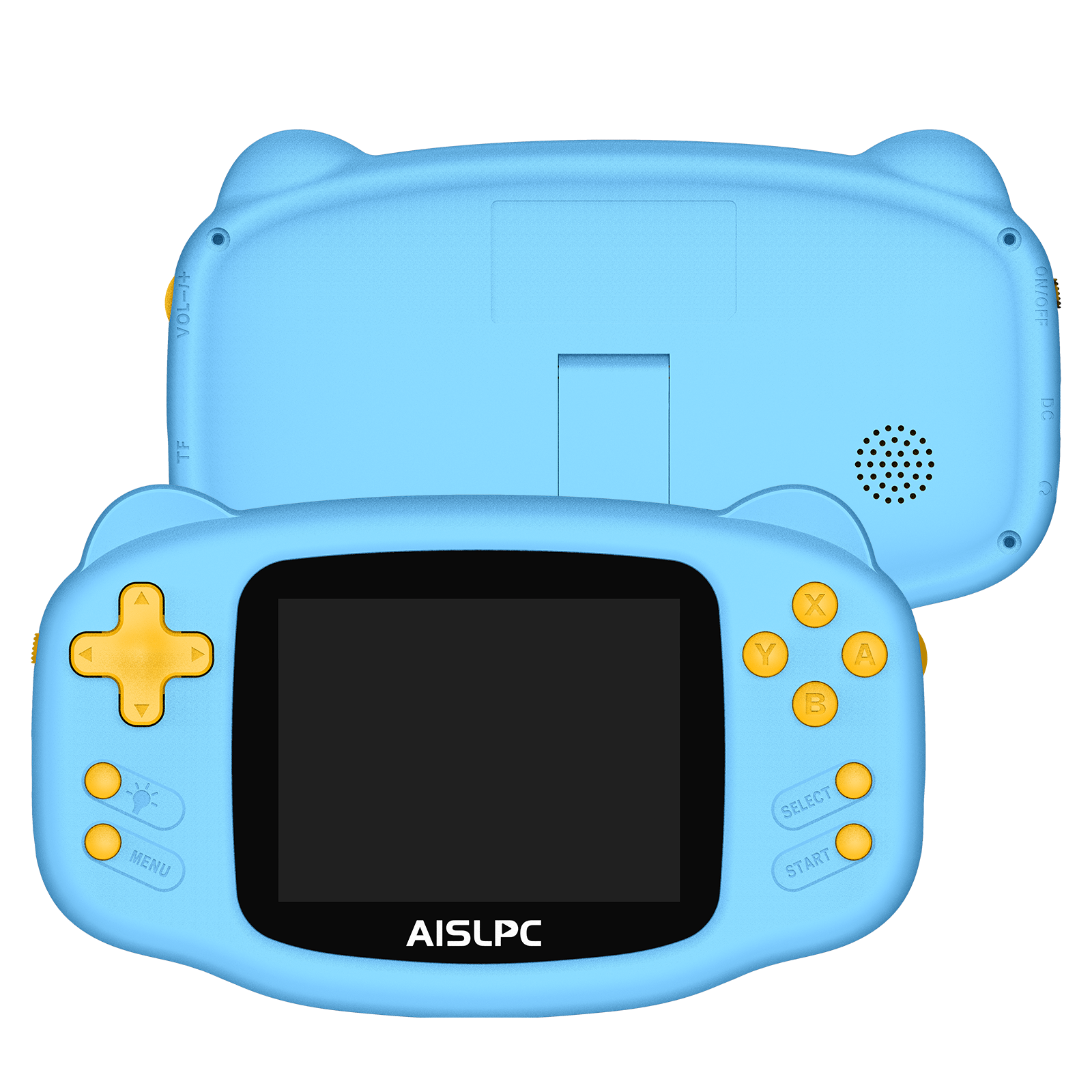 Blue K32B retro gaming handheld console shown from the front and back, featuring yellow buttons, rear speaker holes, a built-in stand, and AISLPC logo on the screen.