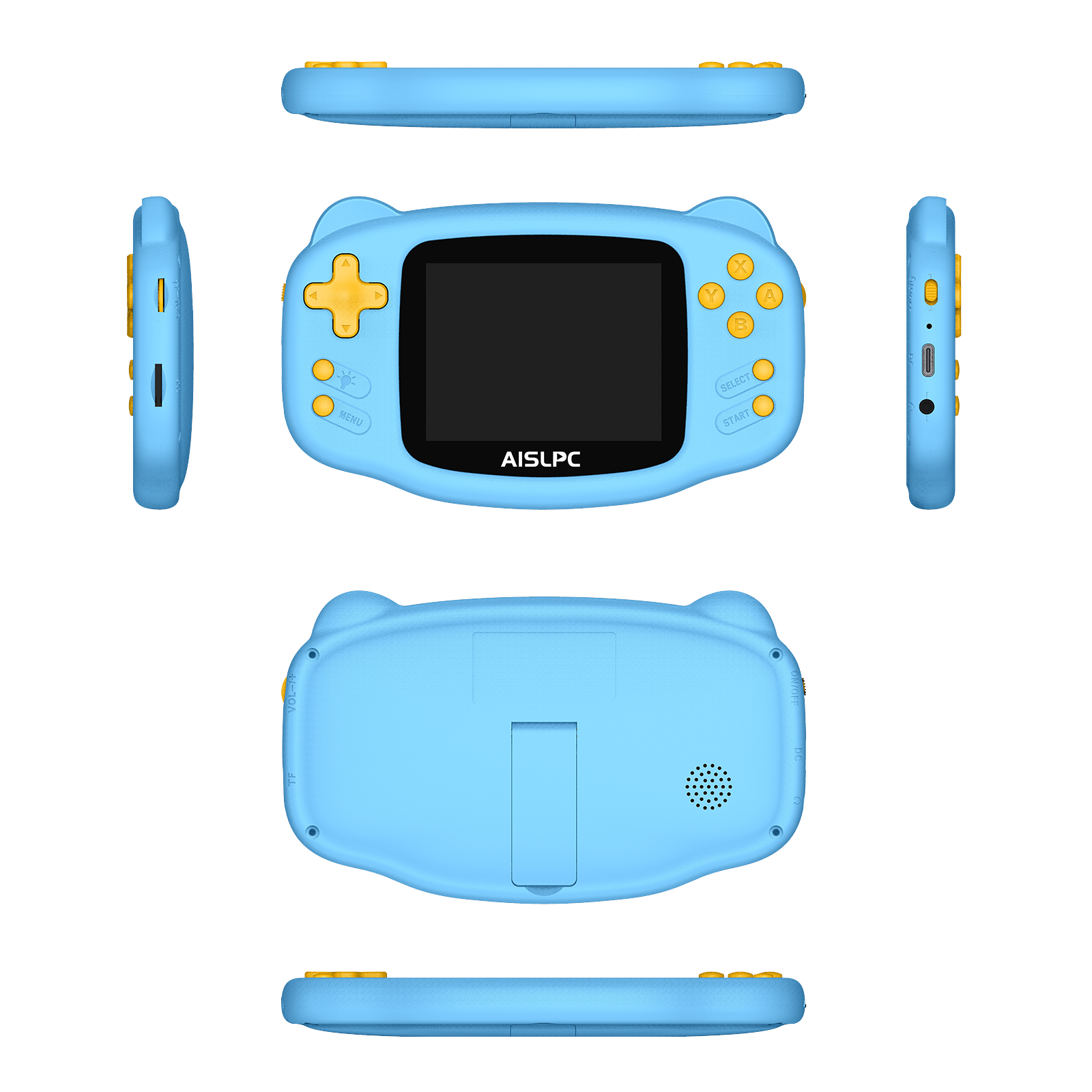 Blue K32B retro gaming handheld console shown in multiple product angles, including front, back, side, top, and bottom views, featuring yellow buttons, rear speaker holes, and AISLPC logo on the screen.