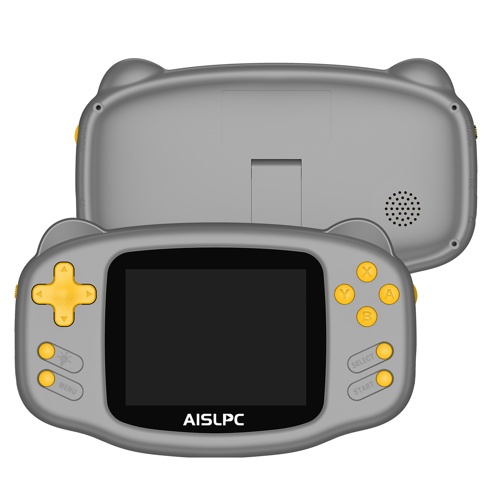 Gray K32B retro gaming handheld console front view with yellow buttons, a large display, and AISLPC logo below the screen.