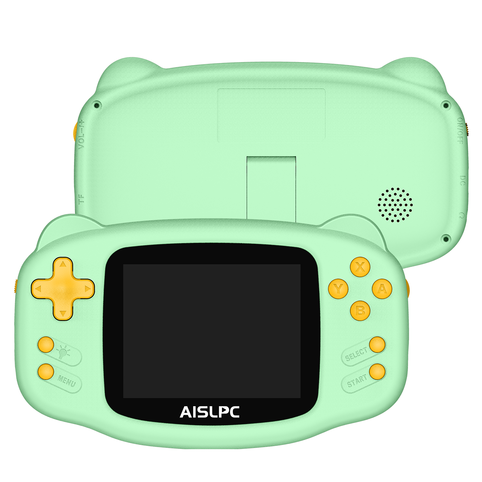 Green K32B retro gaming handheld console shown from the front and back, featuring yellow buttons, a large display, rear speaker holes, and AISLPC logo on the screen.