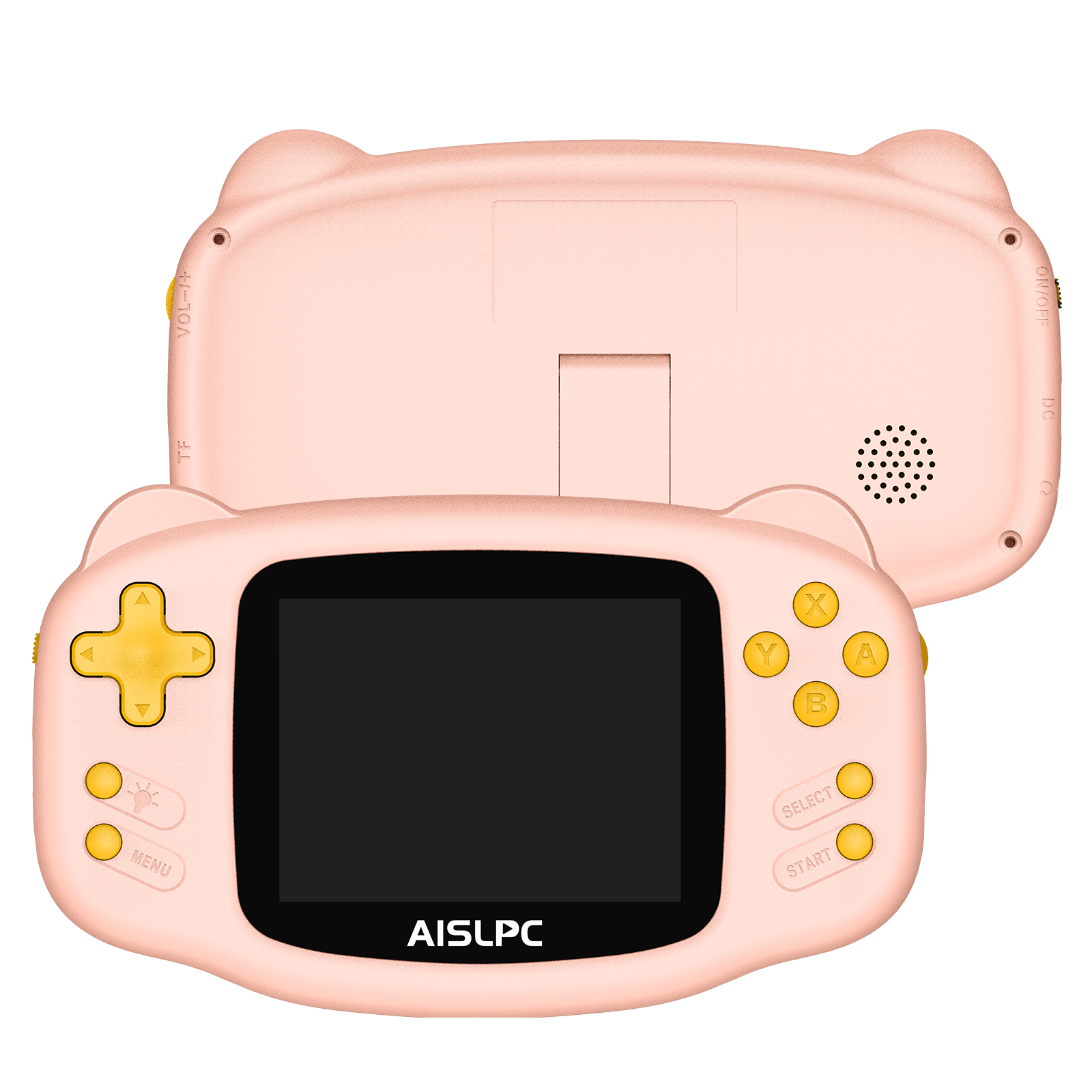Pink K32B retro gaming handheld console front and back view product image with yellow buttons, black screen bezel, and AISLPC branding.