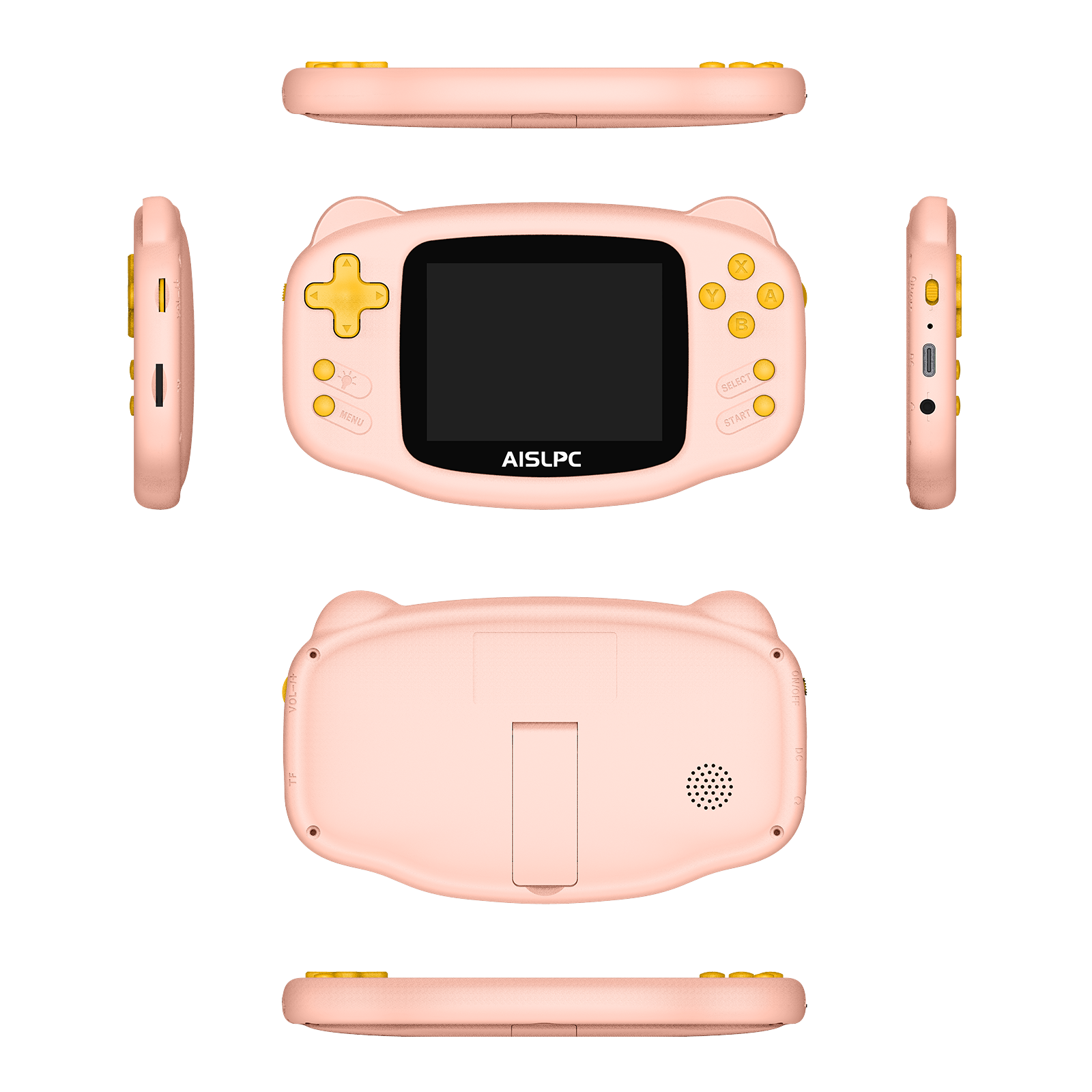 Pink K32B retro gaming handheld console multi-angle product view showing front, back, side, top, and bottom perspectives with yellow buttons and AISLPC branding.