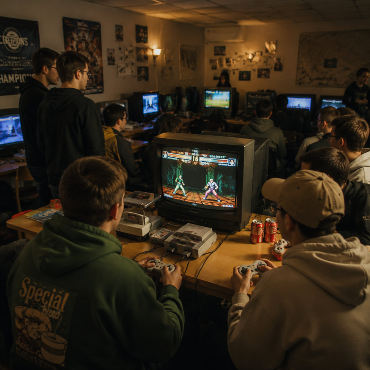 Our Story image showing a retro gaming community event where players use controllers and CRT televisions to play classic video games together.