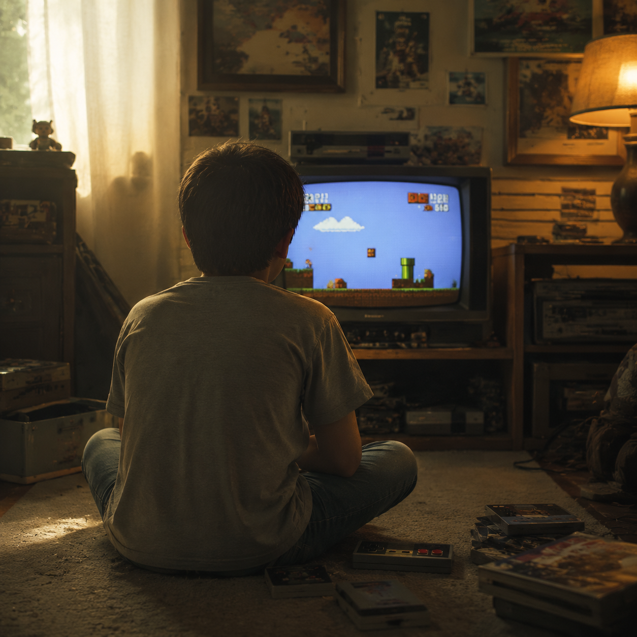 Our Story image showing a young player sitting on the floor and playing a retro video game on a CRT television in a nostalgic living room.