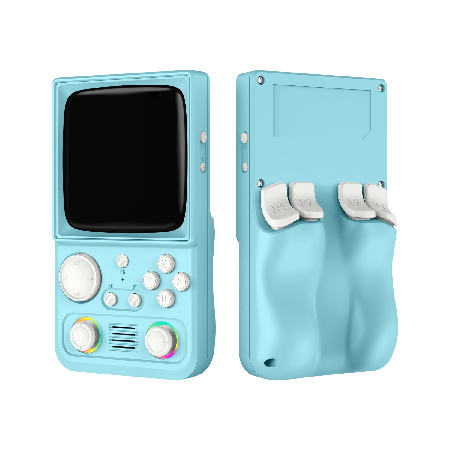 Blue R36T MAX retro gaming handheld console shown from the front and back, featuring dual RGB joysticks, white buttons, shoulder buttons, and an ergonomic rear grip design.