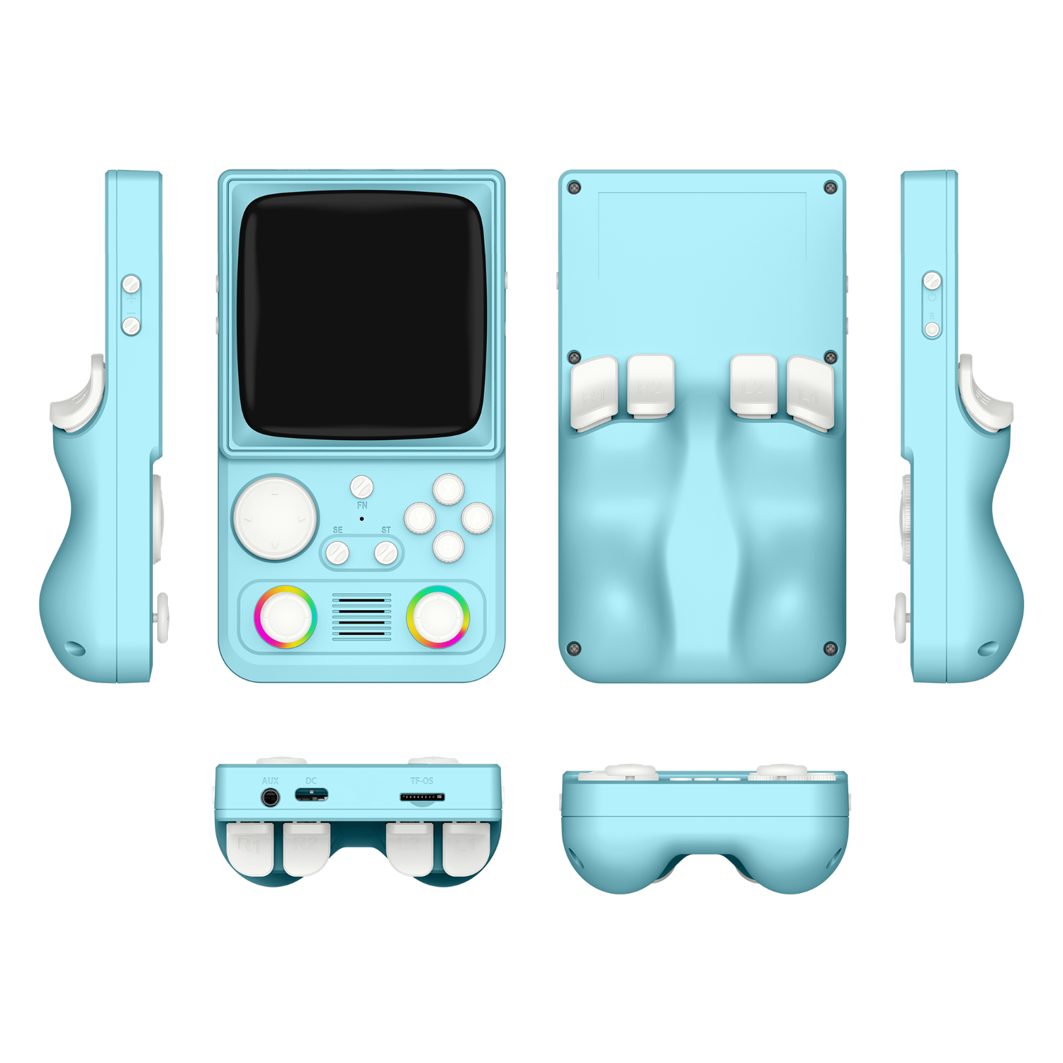 Blue R36T MAX retro gaming handheld console shown in multiple product angles, including front, back, side, top, and bottom views, featuring dual RGB joysticks, white buttons, and an ergonomic rear grip design.