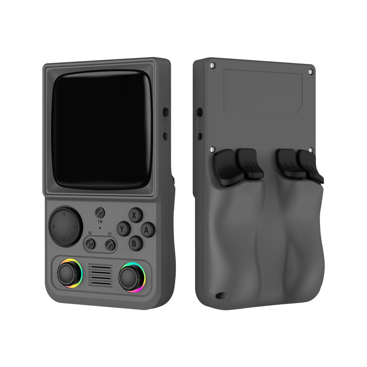 Gray R36T MAX retro gaming handheld console shown from the front and back, featuring dual RGB joysticks, shoulder buttons, and an ergonomic rear grip design.