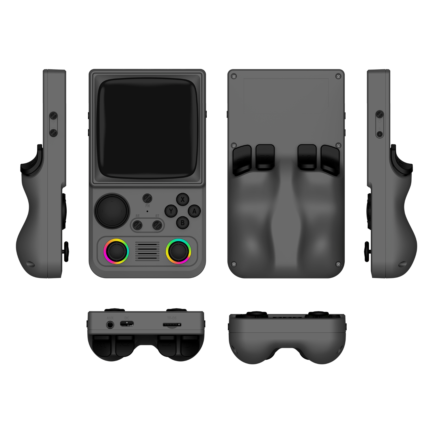 Gray R36T MAX retro gaming handheld console shown in multiple product angles, including front, back, side, top, and bottom views, featuring dual RGB joysticks and an ergonomic rear grip design.