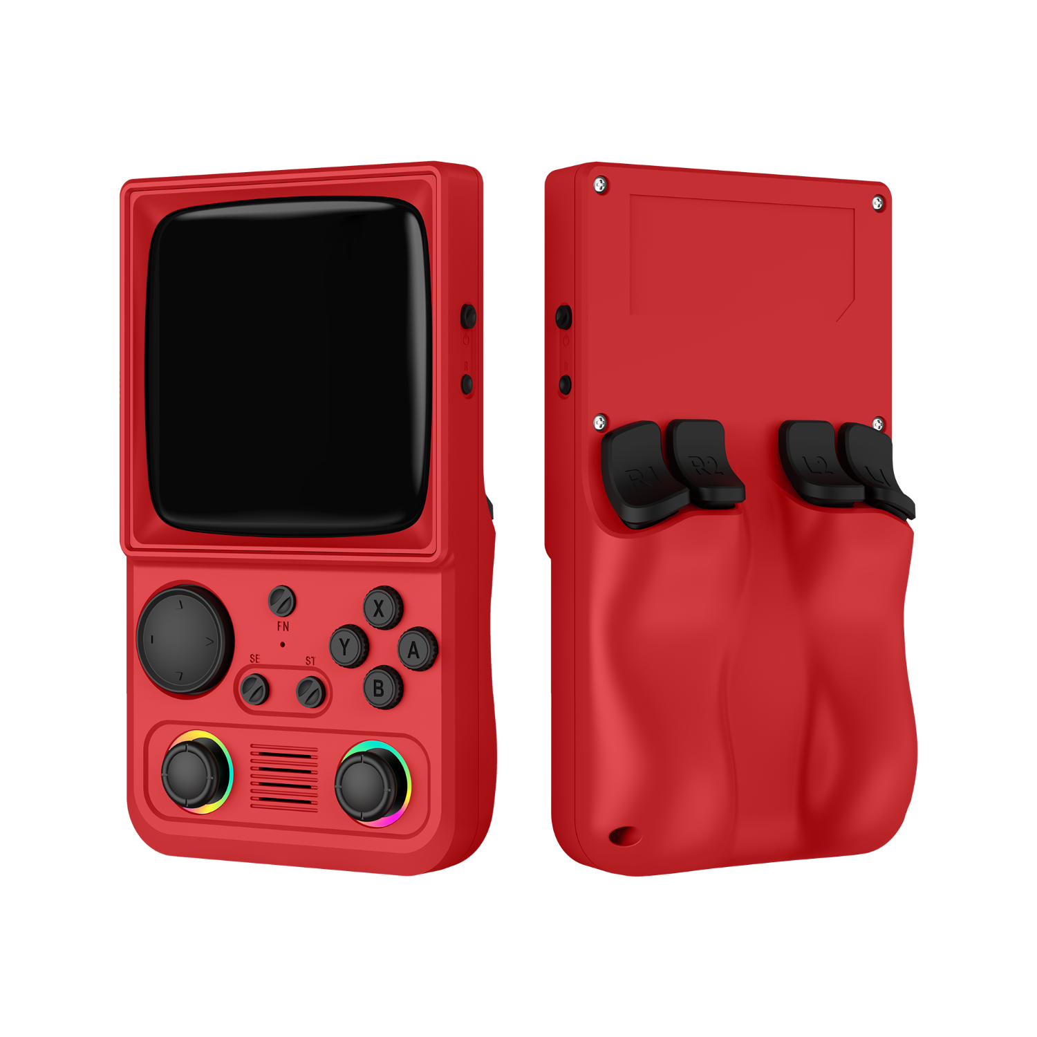 Red R36T MAX retro gaming handheld console shown from the front and back, featuring dual RGB joysticks, shoulder buttons, and an ergonomic rear grip design.