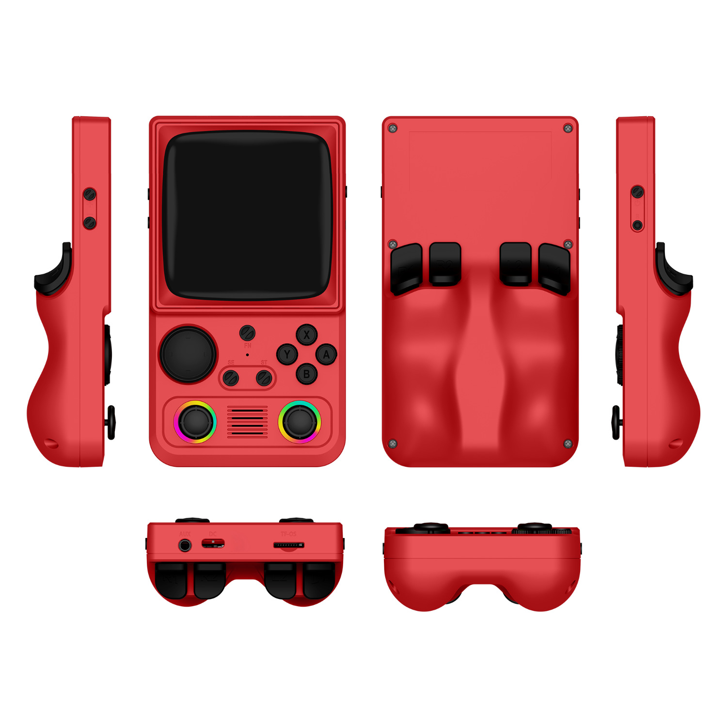 Red R36T MAX retro gaming handheld console shown in multiple product angles, including front, back, side, top, and bottom views, featuring dual RGB joysticks and an ergonomic rear grip design.