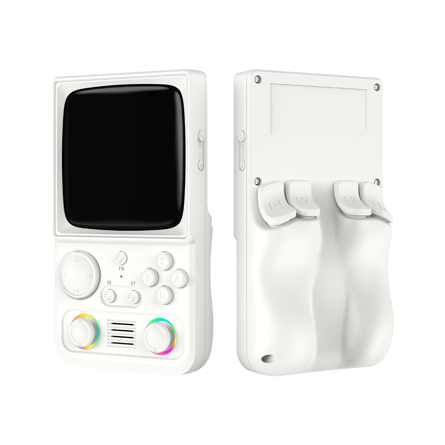 White R36T MAX retro gaming handheld console shown from the front and back, featuring dual RGB joysticks, shoulder buttons, and an ergonomic rear grip design.
