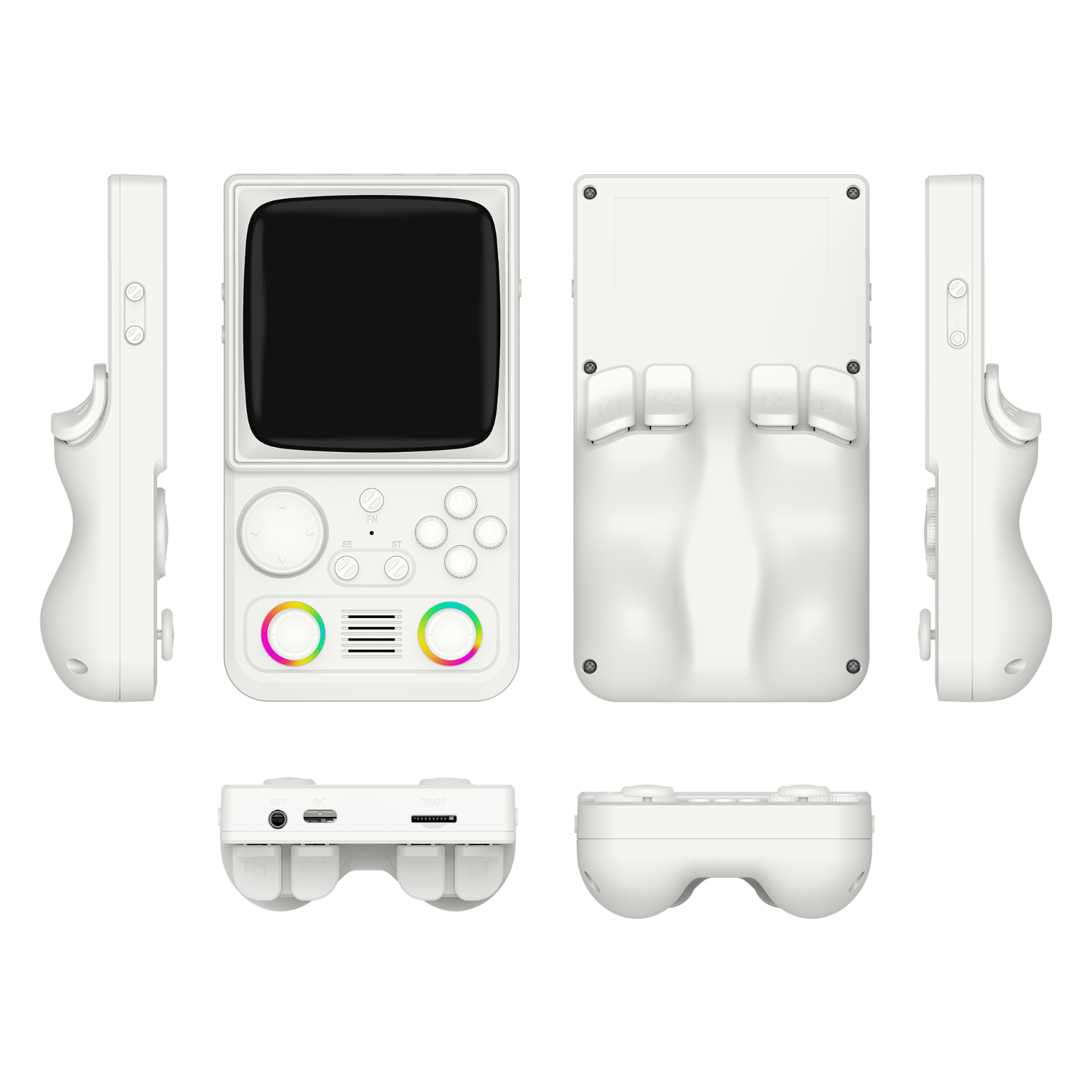 White R36T MAX retro gaming handheld console shown in multiple product angles, including front, back, side, top, and bottom views, featuring dual RGB joysticks and an ergonomic rear grip design.