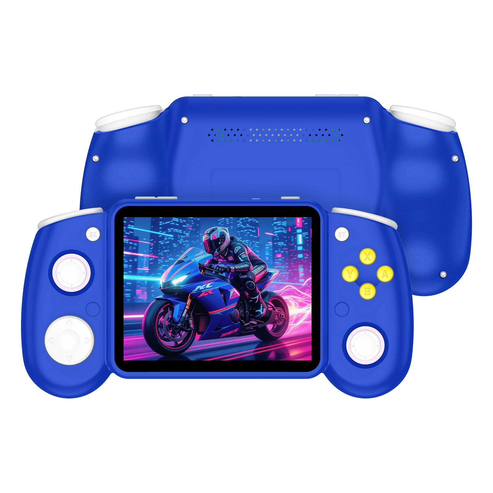 Deep blue RG43H PRO retro gaming handheld console shown from the front and back, featuring white controls, yellow action buttons, rear speaker holes, and a neon motorcycle game display.
