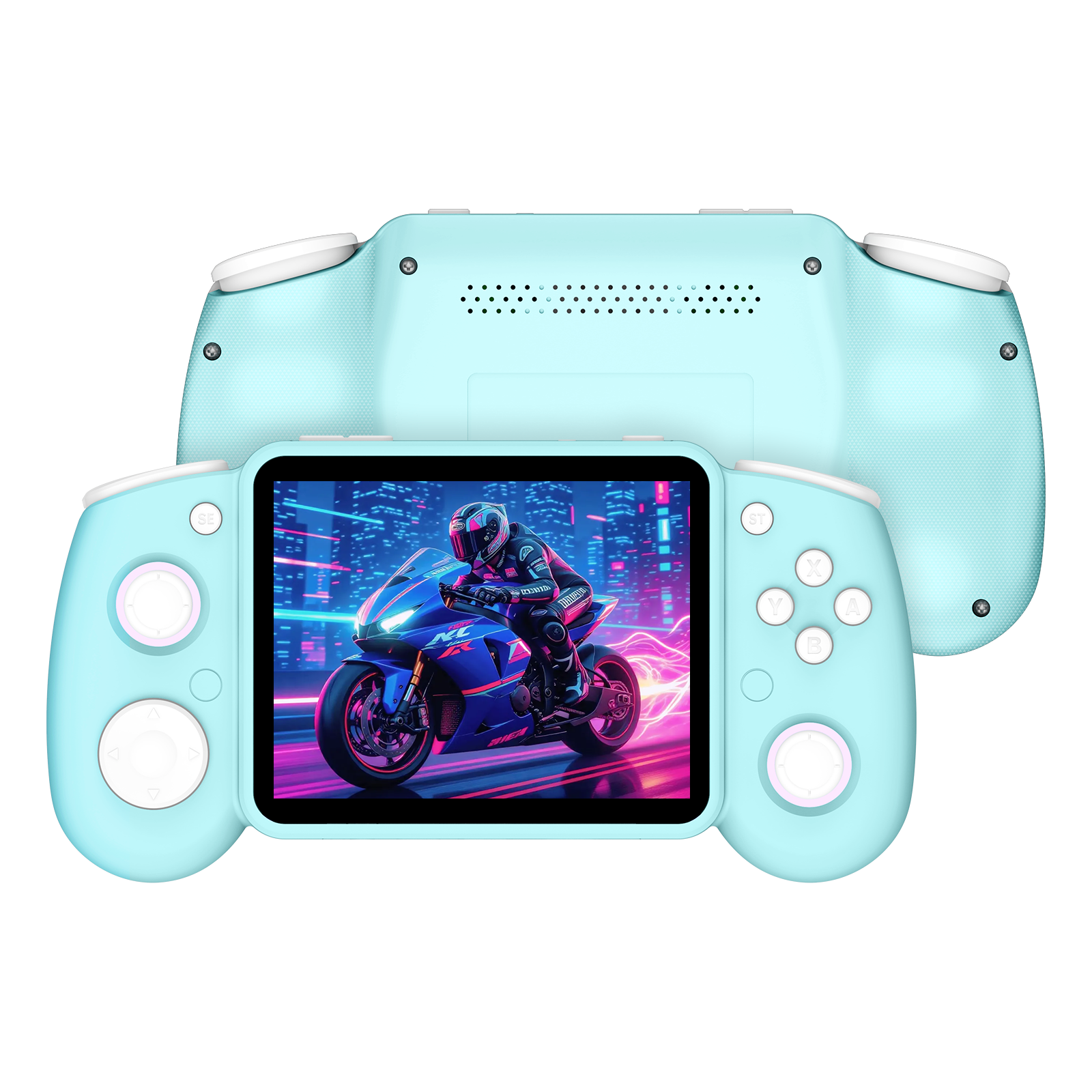 Light blue RG43H PRO retro gaming handheld console shown from the front and back, featuring white controls, rear speaker holes, and a neon motorcycle game display.