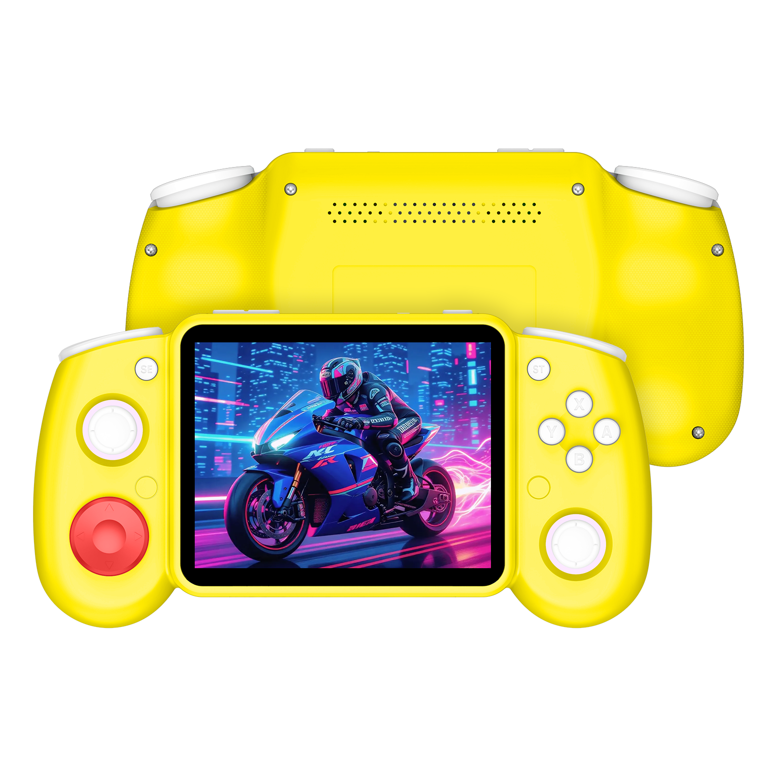 Yellow RG43H PRO retro gaming handheld console shown from the front and back, featuring white buttons, a red joystick, RGB lighting, rear speaker holes, and a neon motorcycle game display.