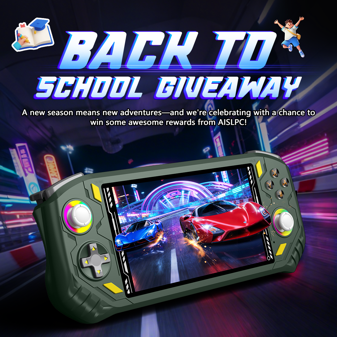 AISLPC back-to-school giveaway poster featuring a green handheld game console with a racing game on the screen, set against a neon city racing background.