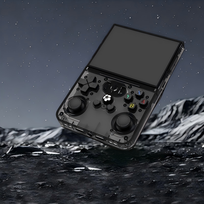 Black R36 MAX retro handheld gaming console floating above a dark reflective surface with snowy mountains and a starry night sky in the background.