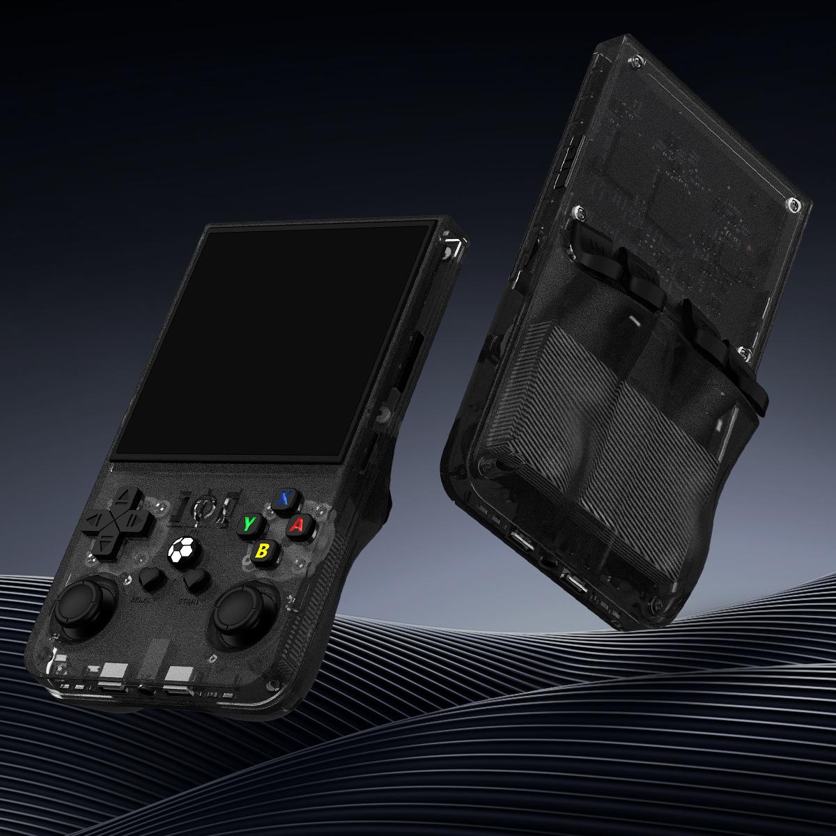 Black R36 MAX retro gaming handheld console shown from the front and back, featuring a transparent shell, dual joysticks, and rear grip design on a dark wave background.