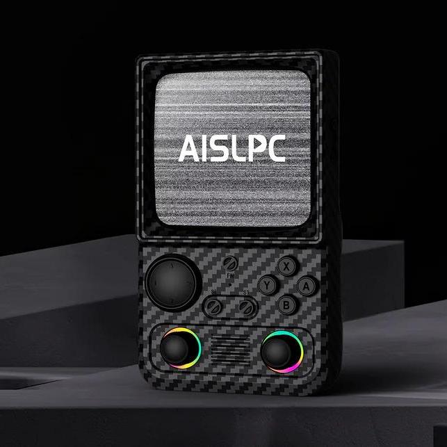 Black R36T MAX retro gaming handheld console with dual RGB joysticks, carbon fiber texture, and AISLPC logo on the screen.