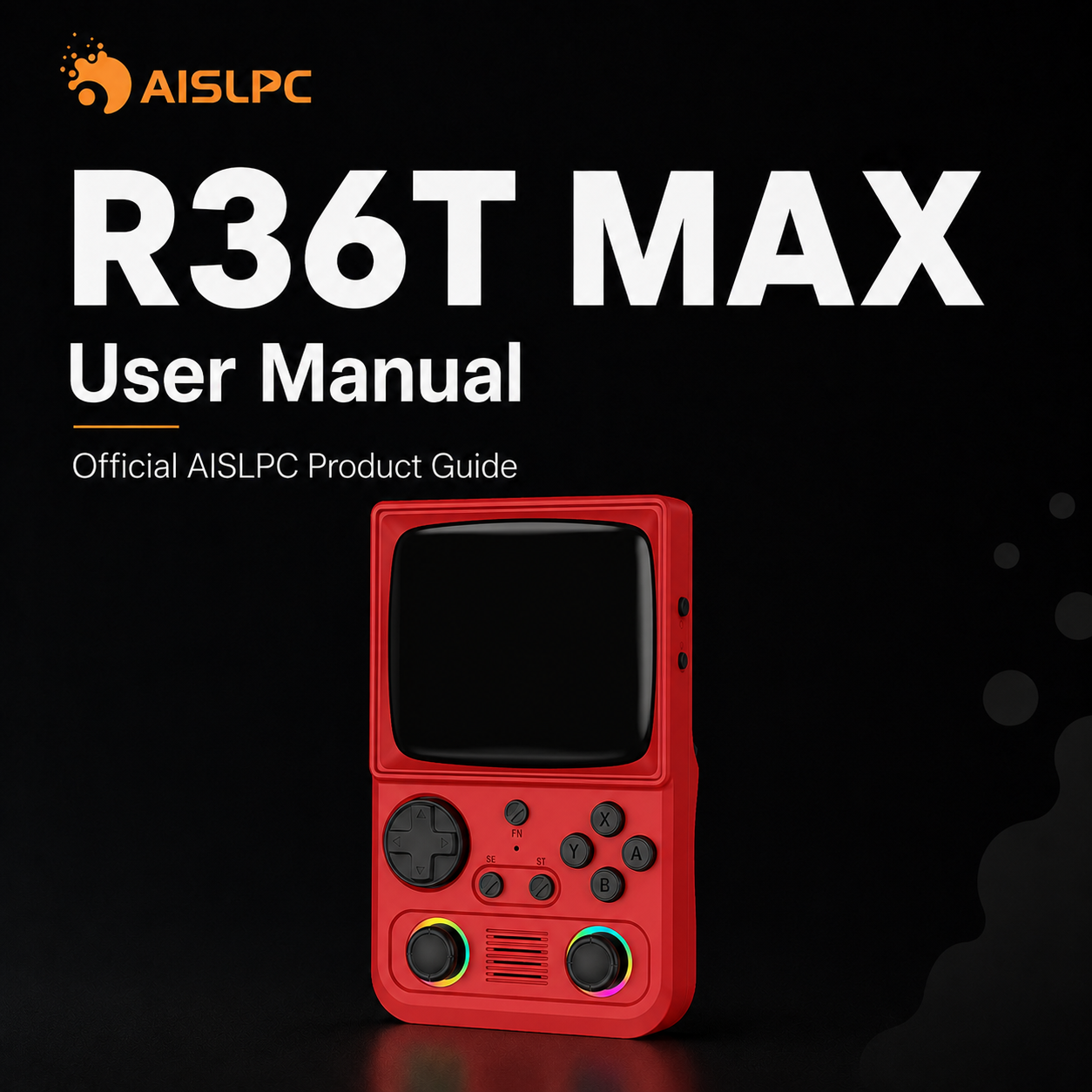 AISLPC R36T MAX user manual blog cover featuring the official product guide and a red vertical retro handheld game console.