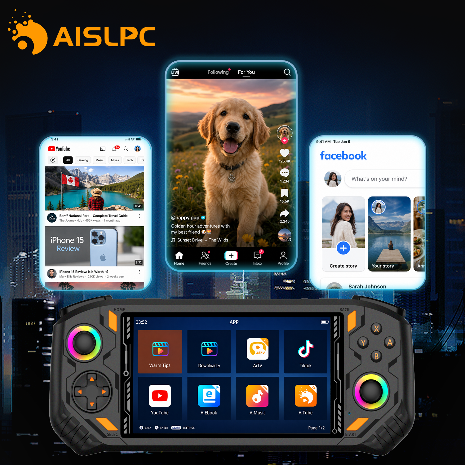 AISLPC handheld game console displaying social media and mobile app connectivity features with smartphone content on screen.