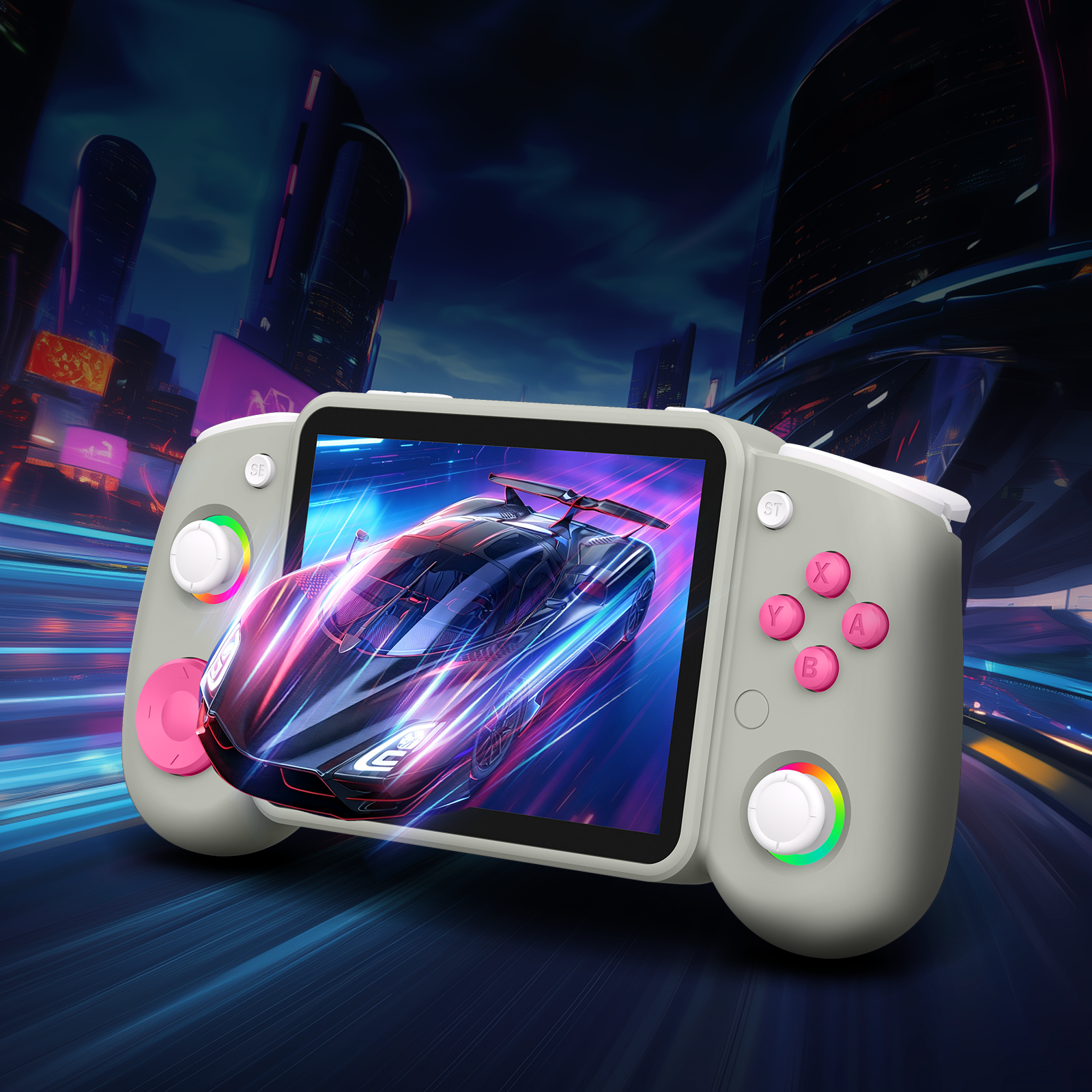 White RG43H PRO retro handheld game console in a futuristic neon city scene, featuring pink buttons, RGB-lit joysticks, and a racing car displayed on the screen.