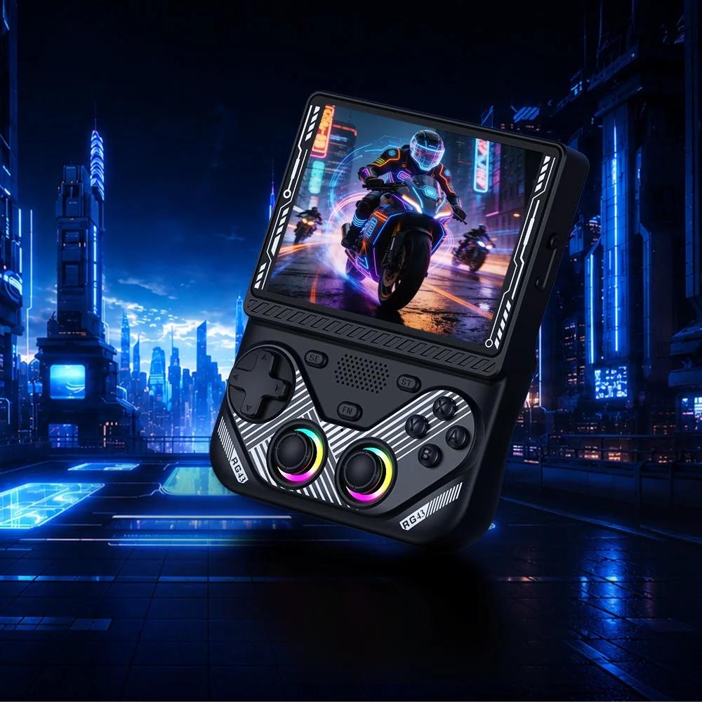 Black RG43V PRO retro gaming handheld console displayed in a neon cyberpunk city scene, featuring dual RGB joysticks and a motorcycle racing game on the screen.