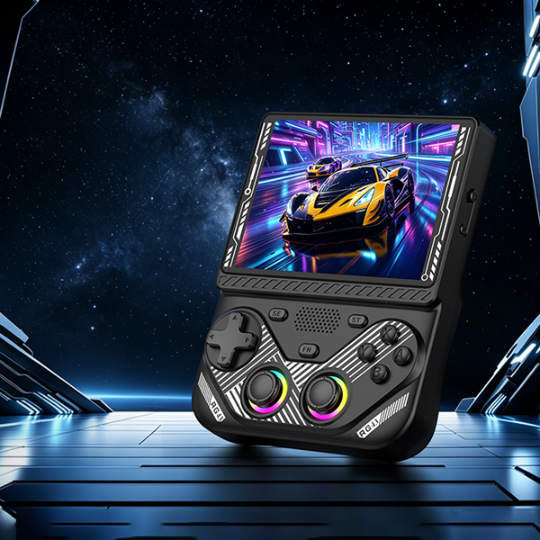 Black RG43V PRO retro gaming handheld console with dual RGB joysticks, showing a neon racing game on the screen against a futuristic space background.