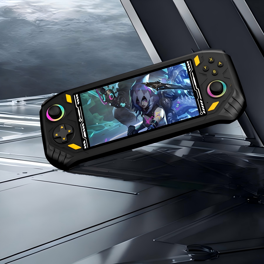 Black RG52 MINI retro gaming handheld console with dual RGB joysticks, showing an action game on a widescreen display in a futuristic space station scene.