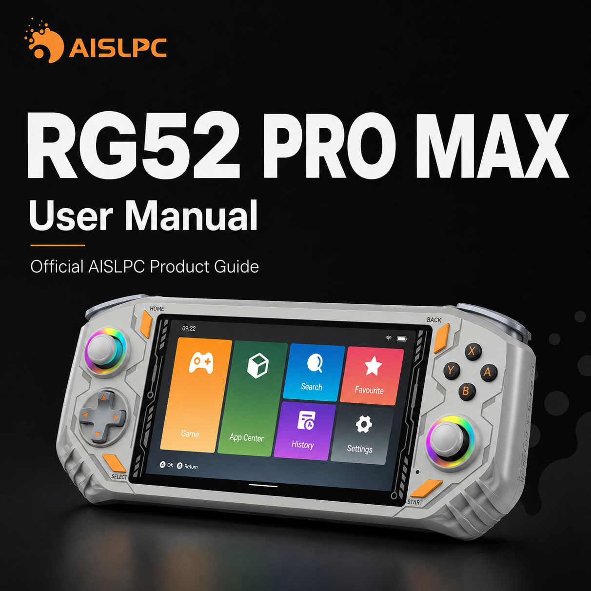 AISLPC RG52 PRO MAX user manual blog cover featuring the official product guide and a silver retro handheld game console.