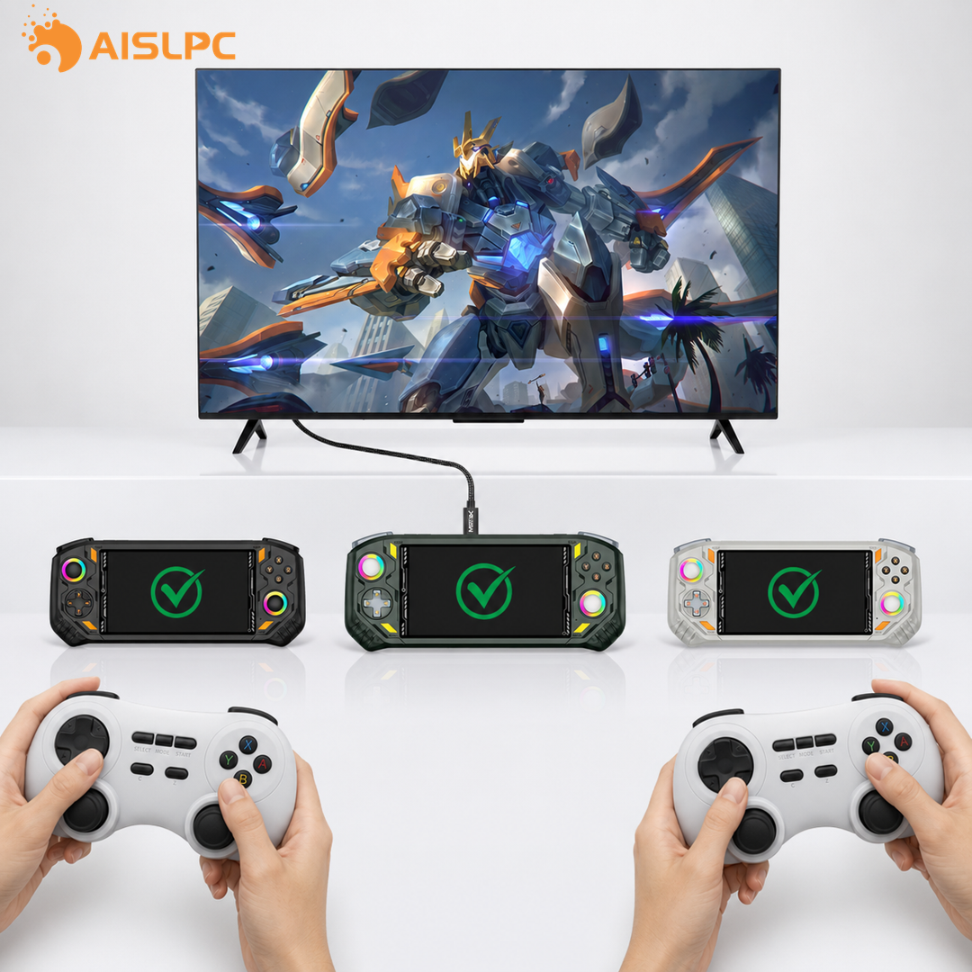 AISLPC blog cover showing two RGpad02 controllers for two-player gaming, with RG52 MINI handheld consoles connected to a TV for large-screen gameplay.