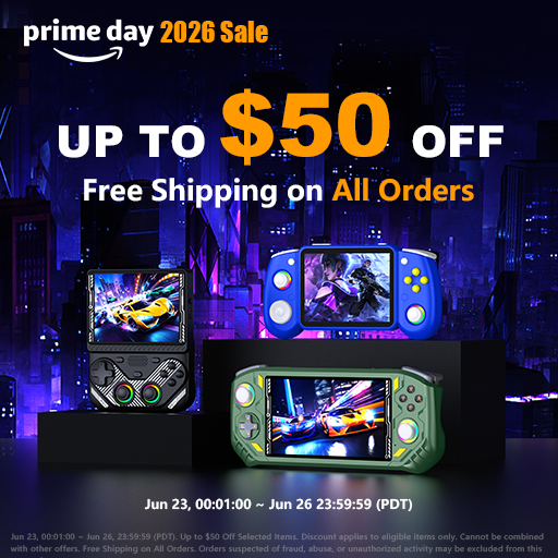 US Amazon Prime Day 2026 sale poster featuring AISLPC retro gaming handheld consoles, up to $50 off, free shipping on all orders, and promotion dates from June 23 to June 26.
