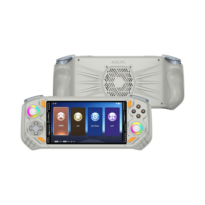 White AISLPC RG52 MINI retro handheld game console shown from the front and back with RGB joysticks, a cooling fan, and ergonomic grips.