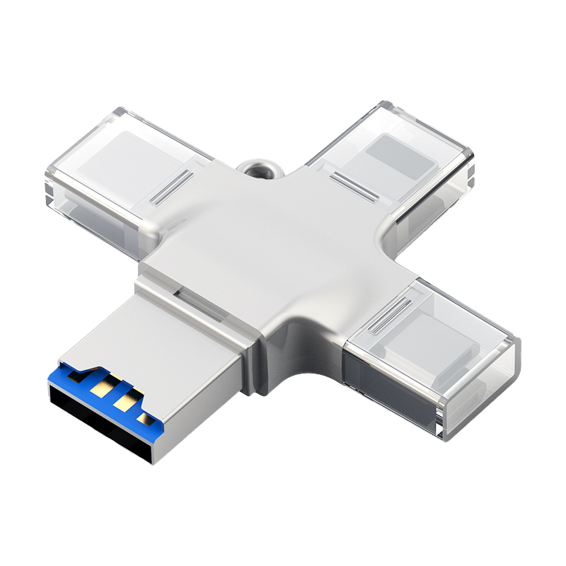 AISLPC 4-in-1 USB card reader adapter with multiple connectors, displayed on a transparent background for memory card data transfer.