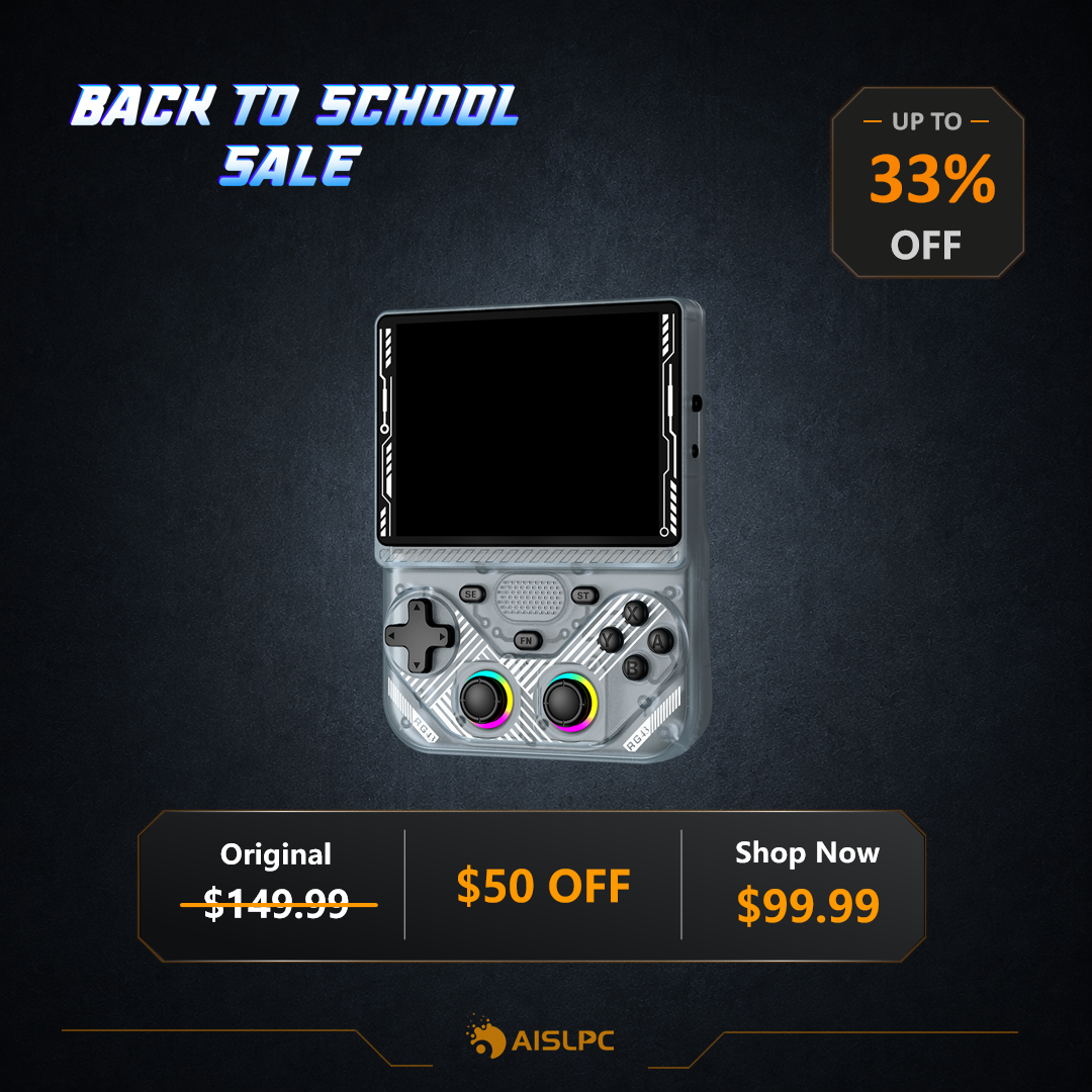 Back to School sale poster featuring the silver RG43V PRO retro gaming handheld console with 33% off, a $50 discount, original price $149.99, and sale price $99.99