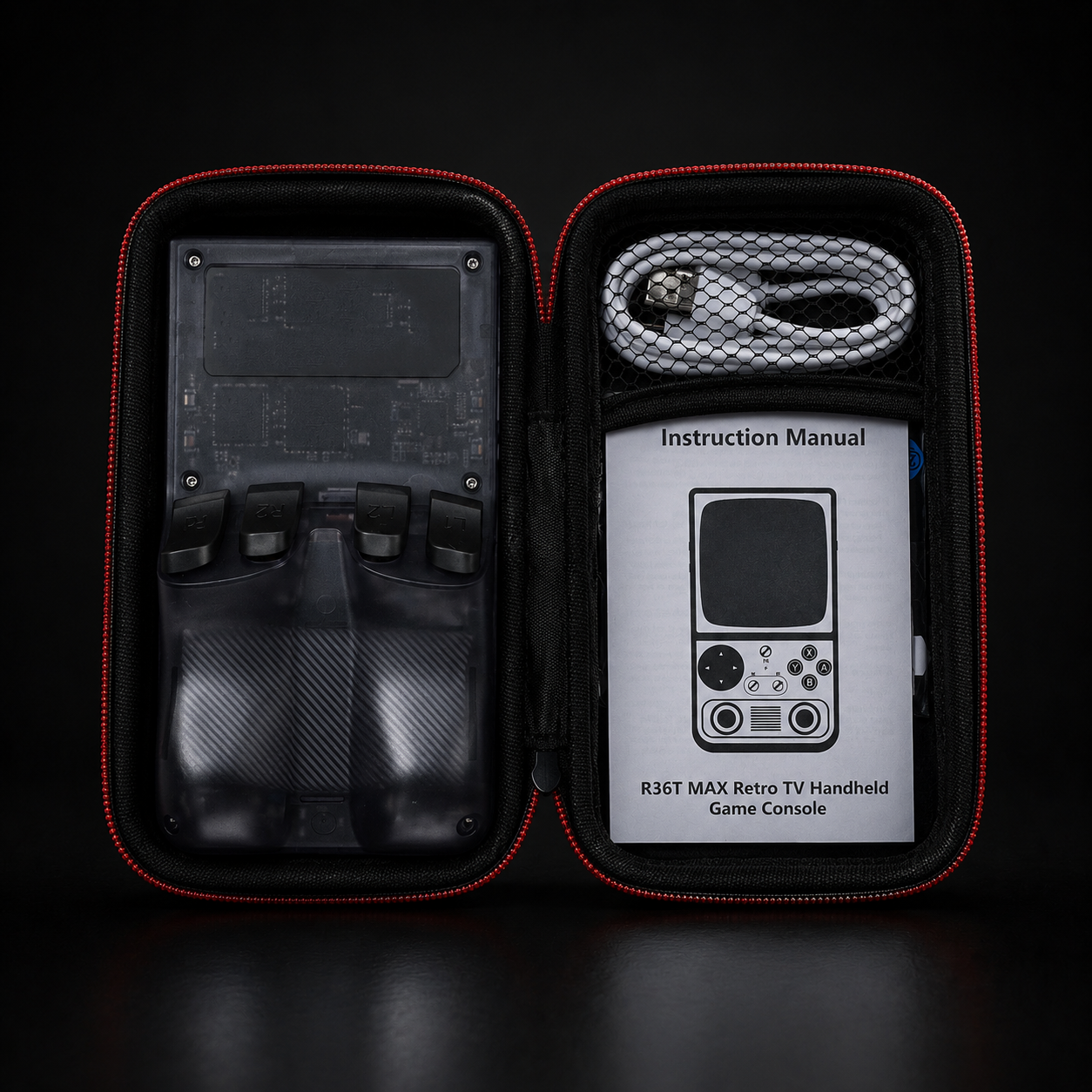 AISLPC GuardShell carrying case open view showing a retro gaming handheld console, instruction manual, and charging cable stored inside the protective case.